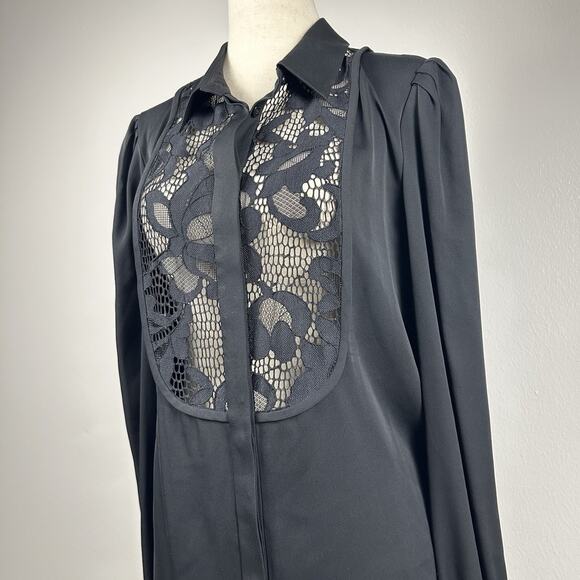 NWOT Diane Von Furstenberg Lucia Lace Trimmed Silk Tunic Top Black Womens 10 - Picture 3 of 13